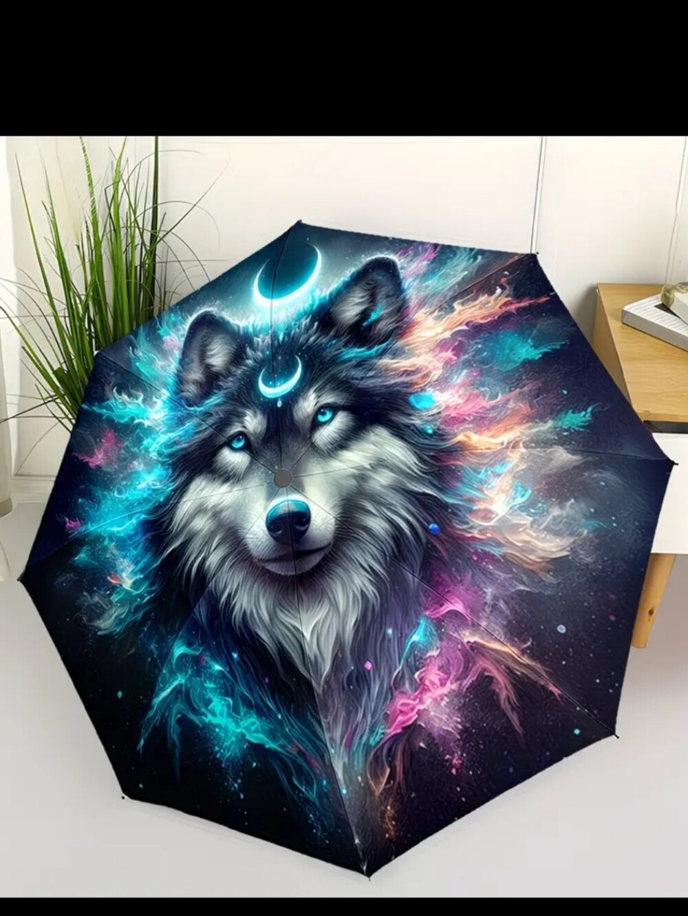 🆕️☔️🐺 MYSTIC WOLF COSMIC PRINT COMPACT UMBRELLA 🐺☔️